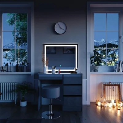 Afbeelding van Vicco Make uptafel set met kruk Sherry, Grijs, 90 cm LED spiegel en krukje