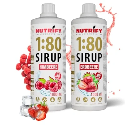 Afbeelding van NUTRIFY Vital Fitness Drink 1:80 siroop 2x1 L set aardbei &amp; framboos, drankconcentraat met vitaminen carnitine suikervrij 160 liter sportdrank caloriearm 2 pack, x 1000 ml