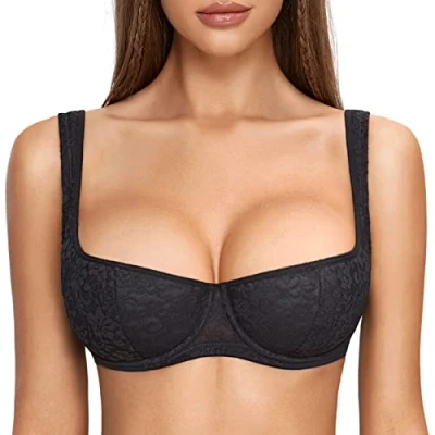 Afbeelding van DOBREVA Vrouwen Push Up BH Balconette met beugel Sexy Kantjes Grote Maten Gewatteerd zwart 80C
