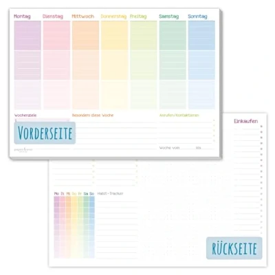 Afbeelding van paper&amp;you® Weekplanner, blok A4, zonder vaste datum, regenboog, 50 vellen, afsprakenplanner met to do lijst, boodschappenlijst, groot notitieveld en meer, klimaatvriendelijk duurzaam