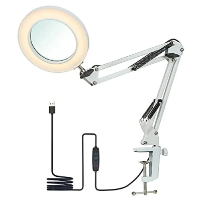 Afbeelding van Flexibele loep met licht en standaard, groot, bureaulamp, led, dimbaar 8 voudige loep, zwenkarm, dimbare leds, 3 kleurmodi 10 helderheidsniveaus, vergrootlamp, cosmeticalamp (wit)