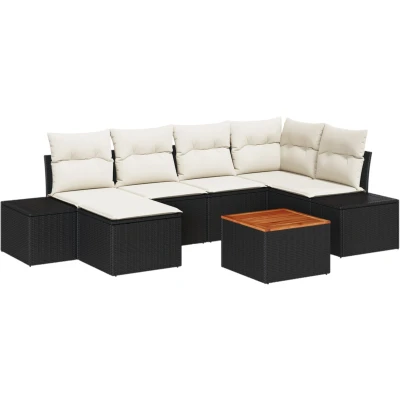 Afbeelding van vidaXL 7 delige Tuin Sofa Set met Kussens Zwart Poly Rattan Acacia