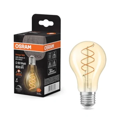 Afbeelding van OSRAM Vintage 1906 Classic is een warmwitte, dimbare bolvormige LED lamp met spiraalvormige gloeidraad. Het biedt 8W voor 806lm, E27 fitting, goudkleurig glas, 60 mm diameter, 2200K.