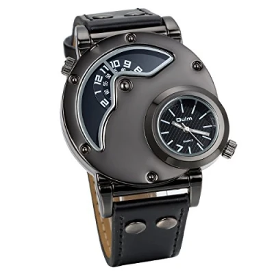 Afbeelding van JewelryWe Herenhorloge, leren legering, elegant, casual, analoog, kwarts, sporthorloge met twee displayborden, zwart witte wijzerplaat, Kerstmis, verjaardag