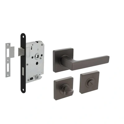 Afbeelding van Intersteel Deurbeslag set toiletslot 63/8mm zwart met deurkruk Hera en WC sluiting antraciet grijs