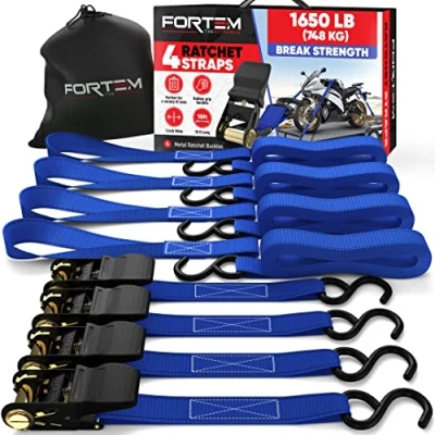 Afbeelding van FORTEM Ratelriemen, 748 KG Breeksterkte, 4 4.57M Spanriemenset, Zachte Lussen, Motorriemen, Spanriemen, Vrachtriemen Voor Vrachtwagens, Rubberen Handgrepen, S clips, Gecoate Metalen Haken, (Blauw)