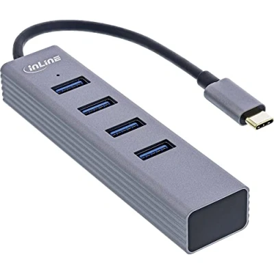 Afbeelding van InLine USB 3.2 Gen.1 Type C Hub (4x A 5Gb/s), OTG, metalen behuizing (USB C, 4 Havens), Docking station + hub, Zilver