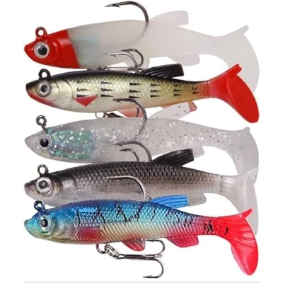 Afbeelding van FLAVNTEL 5 Stuks Visaas, Set Kunstaas, Rubberen Visjes met Snoekbaars, Bionic Visaas voor Zoetwater, Brine, Vissen, Vissen Drielingshaken, Snoek, Baars, Aas
