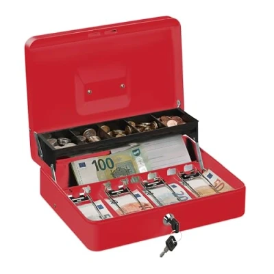 Afbeelding van Relaxdays geldkistje met slot, bakje voor munten &amp; briefgeld, geldkluisje ijzer H x B D 8,5 30,5 24,5 cm, rood