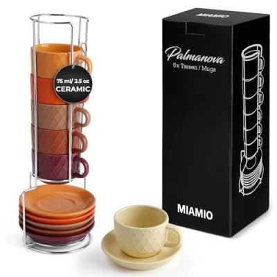 Afbeelding van MIAMIO 6 x 75 ml Espressokopjes/espressokopjes set met ruitpatroon keramiek Palmanova collectie (Wit)