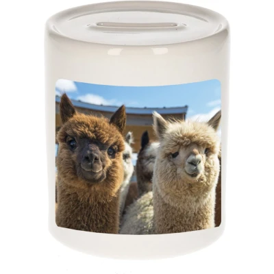 Afbeelding van Foto alpaca spaarpot 9 cm Cadeau alpacas liefhebber Spaarpotten