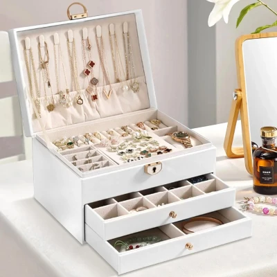 Afbeelding van Sieradendoosje 3 niveaus, sieradendoos met afsluitbaar, sieradenorganizer voor ringen, oorbellen, halskettingen, sieradenopslag reizen, modern, cadeau idee, klassiek wit