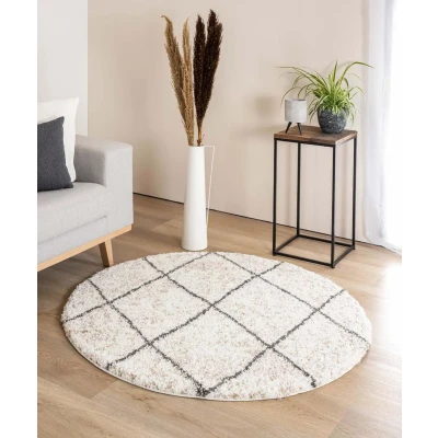 Afbeelding van Rond Hoogpolig Tapijt/Vloerkleed Geruit Artisan Wit/grijs 200 Cm