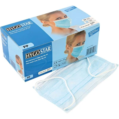 Afbeelding van Hygostar gecertificeerd chirurgisch wegwerp mondmasker medisch Type IIR mondkapje 3 laags blauw 50 stuks met oorelastiek