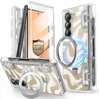 Afbeelding van i Blason Beschermhoes voor Samsung Galaxy Z Fold 6 met MagSafe ringhouder en penhouder [displaybescherming van gehard glas] [scharnierbescherming] magnetische bescherming 6, beige swirl