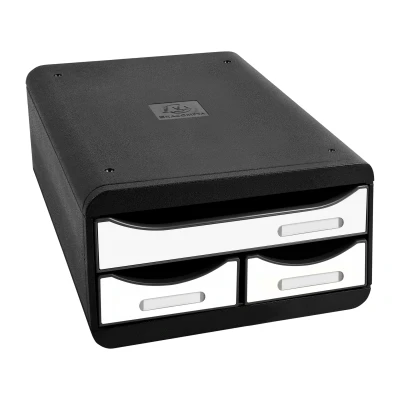 Afbeelding van Exacompta ref. 3117213D Ladebox Bureau kantoor SMALL BOX MINI met 3 laden 1 lade voor A4+ documenten 2 dunne schrijfgerei Afmetingen: 347 x 278 130 mm zwart/wit glanzend