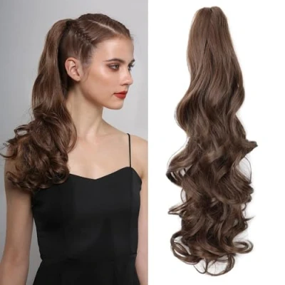 Afbeelding van RPAEOY Paardenstaart verlenging, 55 cm, lange, krullende golvende clip in paardenstaart, natuurlijke synthetische haarverlengingen, haarstukjes, paardenstaartverlenging voor dames en vrouwen