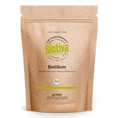 Afbeelding van Biotiva basilicum gewreven biologisch 250g lat. Ocimum voor het kruiden van mediterrane gerechten gecontroleerd en gecertificeerd in Duitsland