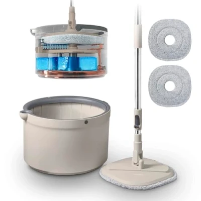 Afbeelding van Tower T869009MSH Duo Compact Spin Mop, ingebouwde turbine, 2 interne containers, Latte &amp; Grijs