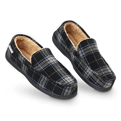 Afbeelding van Dunlop Mocassins, slippers voor heren, nepbont, met rubberen zool en traagschuim, huisslippers, binnenschoenen, geschenk Zwart Grijs, 44 EU