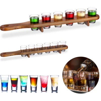 Afbeelding van Relaxdays 2x shotglas set met plank serveerplank 12 glaasjes 4 cl shotglaasjes