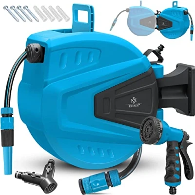 Afbeelding van KESSER® slanghaspel water 30 + 2 m incl. weg verdeler multi handdouche waterslanghaspel automatisch 180 draaibaar wandhouder tuinslang blauw