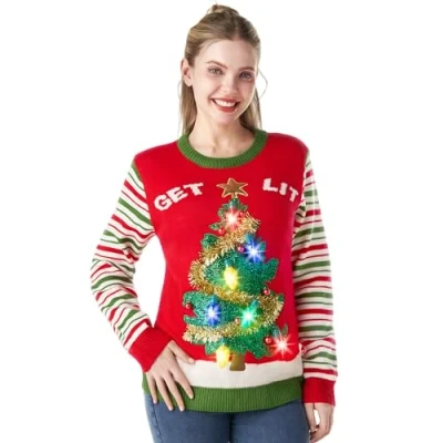 Afbeelding van JOYIN Lelijke kersttrui voor dames, led kersttrui, familieset met geïntegreerde verlichting, grappig gezinnen en vrouwen, zwart/rood, rood, S
