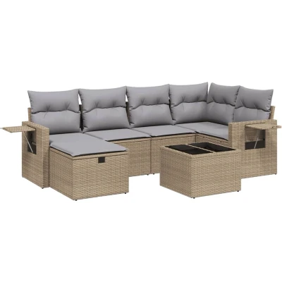 Afbeelding van 7 delige Loungeset met kussens poly rattan gemengd beige