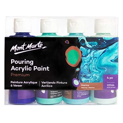 Afbeelding van Mont Marte Acrylverf Pouring Set Marina 4 stuks x 120ml Premium voorgemengd met Medium Ultramarijn Blauw, Turkoois, Licht Aquamarijn