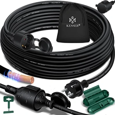 Afbeelding van KESSER® verlengkabel 20 m met beschermkap voor buiten binnen en 230 V IP44 Schuko stekker geaard contact bouwplaatkabel geaarde