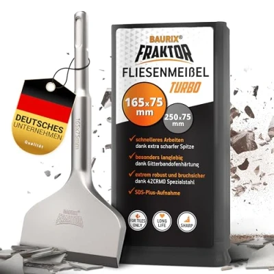 Afbeelding van BAURIX® Tegelbeitel SDS Plus Beitel [165 x 75 mm] FRAKTOR® Systeem voor het moeiteloos verwijderen van tegels en verklevingen Beitelset 42CrMo speciaal staal