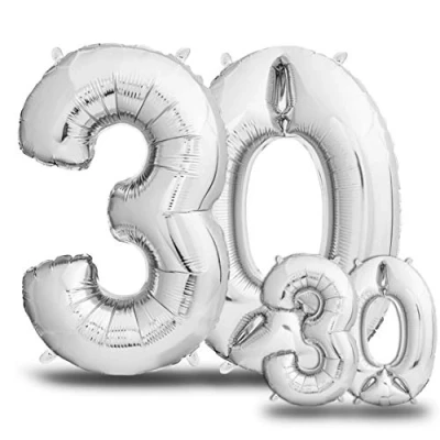 Afbeelding van envami luchtballonnen 30. Verjaardag XXL zilver reuze folieballon in 2 maten 40&quot; &amp; 16&quot; 101 cm + 40 verjaardagsdecoratieset Vier nummers Ideaal als decoratie vliegt met helium