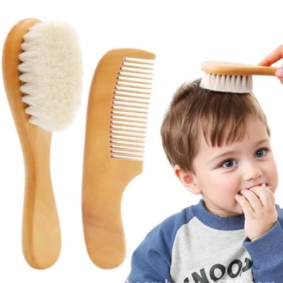 Afbeelding van Baby Haar Borstel en Kam Set voor Pasgeborenen, Houten Zachte &amp; Pasgeboren Peuter Cap