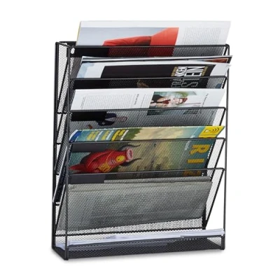 Afbeelding van Relaxdays tijdschriftenhouder wand, 6 vakken, A4 formaat, HxBxD: 40 x 32 10 cm, tijdschriftenrek muur, zwart