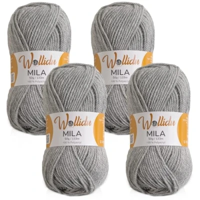 Afbeelding van Wollidu Mila garen voor haken en breien, 4 x 50 g/133 m, breigaren, 100% polyacryl, haakgaren, lichtgrijs