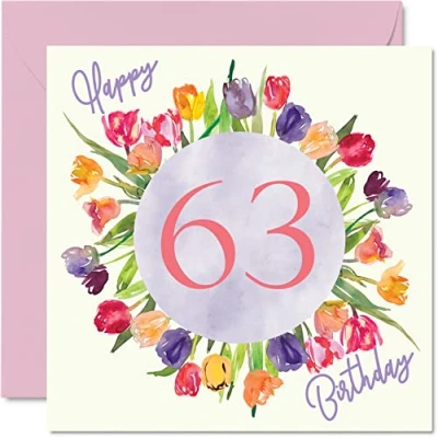 Afbeelding van mooie 63e verjaardagskaarten voor vrouwen aquarel tulpen bloemen boeket gelukkige verjaardagskaart haar oma oppas Gran moeder verjaardagscadeaus, 145 mm x wenskaarten cadeau