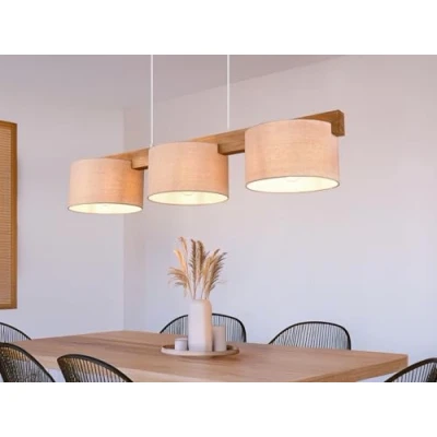 Afbeelding van Houten balk hanglamp 3 lampen met stof lampenkappen in beige, breedte 100cm