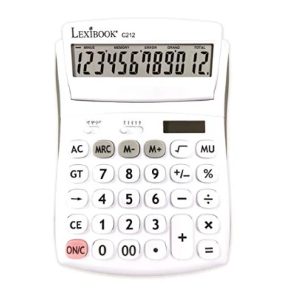 Afbeelding van Lexibook, 12 cijferige bureaucalculator met kantelbaar display, basis en geheugenfunctie, grote toetsen scherm voor kantoor, school, thuis, op zonne energie batterijen, Wit/Grijs, C212