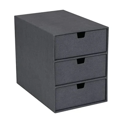 Afbeelding van BIGSO BOX OF SWEDEN INGRID Ladebox voor documenten en kantoorbenodigdheden, bureau organizer met 3 laden, opbergsysteem van vezelplaat papier in linnenlook, zwart