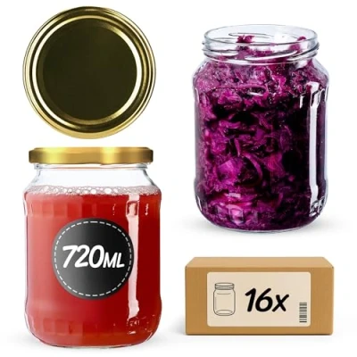 Afbeelding van KADAX Weckpotten, jampotten, 720 ml inmaakpotten met deksel, glazen schroefdop, inmaakpotten, voorraadpotten om in te leggen Goud, 24 stuks
