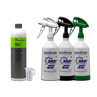 Afbeelding van detailmate set, Koch Chemie Green Star universele reiniger 1 l + 3 x Made by Kwazar Mercury Super PRO+ 360 graden sproeiflacon double action trigger l, inclusief maatbeker 50 ml