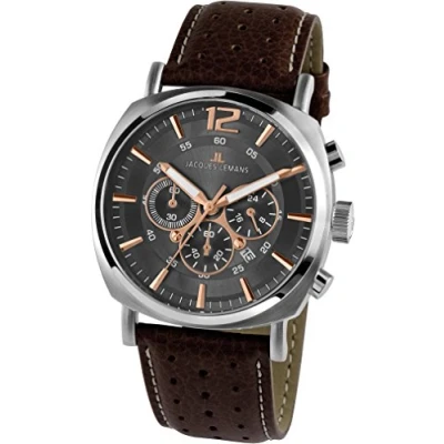 Afbeelding van Jacques Lemans Chronograaf Lugano Quartz horloge, armbandhorloge, herenhorloge, datum, stopfunctie, leren band