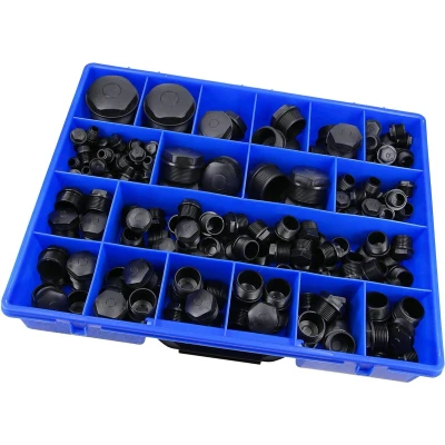 Afbeelding van 220 stuks Kalitec assortimentsdoos blinde pluggen zwart M12 M50 I smoornippel assortiment afdichtpluggen met schroefdraad zeskantplug kunststof smoorpluggen