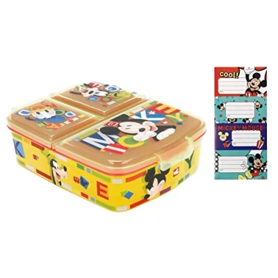 Afbeelding van Theonoi Kinderlunchbox, lunchbox, sandwichbox, lunchbox voor kinderen met vakken, broodtrommel onderverdeling kleuterschool, kinderbroodtrommel van kunststof, BPA vrij, Mickey Mouse