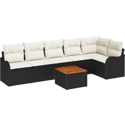 Afbeelding van vidaXL 7 delige Tuinbank Set met Kussens Zwart Poly Rattan Acacia