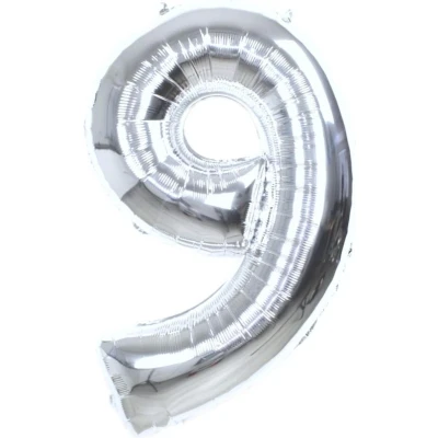 Afbeelding van Folie Ballon Cijfer 9 Jaar Zilver 36Cm Verjaardag Folieballon Met Rietje