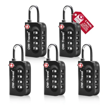 Afbeelding van OW Travel TSA Slot. Hangslot met cijfercode. Cijferslot 4 cijfers. Bagageslot Cijfercodeslot. Cijfersloten voor koffer rits bagage tas rugzak gymkluisje. Kofferslot cijfercode Zwart 5 Stuks