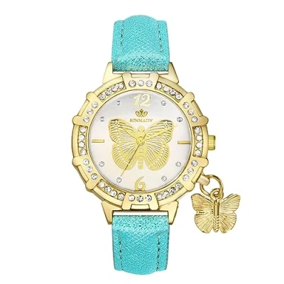 Afbeelding van JewelryWe Bohemian Butterfly dameshorloge, rond horloge met diamanten, lederen band, analoog kwartshorloge vlinderhanger, Blauw, Strepen