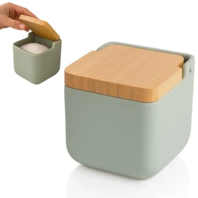 Afbeelding van KOOK TIME Keukenzoutpot met deksel Keramische zoutvarkens voor keuken van natuurlijk bamboe, perfect grof, fijn of maldon zout specerijen suiker Matt Sage Green Salt Pig