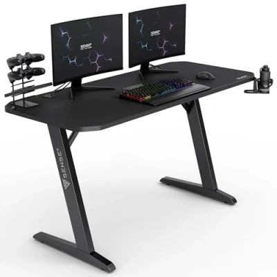 Afbeelding van SENSE7 Bureau Nomad Classic, gamingtafel 140 x 60 cm, pc tafel met hoofdtelefoonhaak, bekerhouder, controllerhouder, gaming computertafel koolstofvezeloppervlak, ergonomische gamingbureau